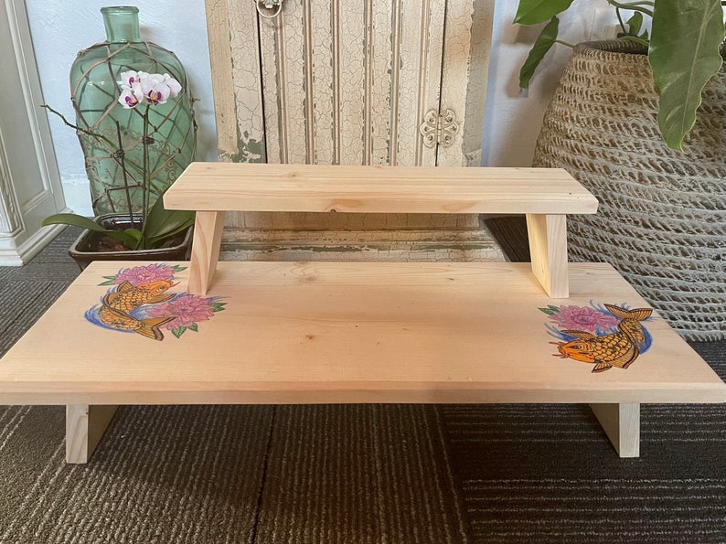 One of a Kind Prayer Table with Hand Drawn Koi, Home Decor