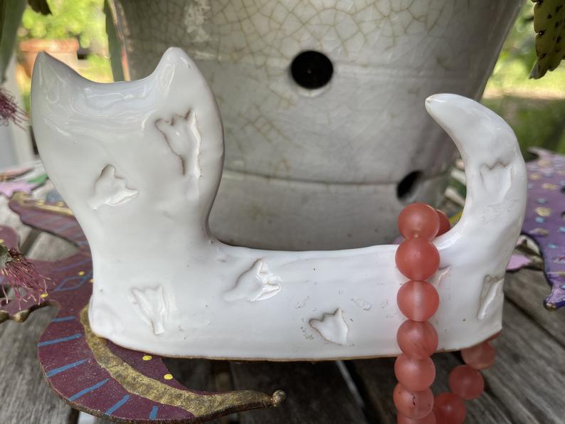 Funky Vintage Clay Cat with Strawberry Quartz Bracelet, Bodhi Jewelry