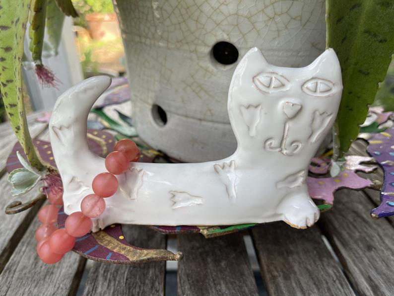 Funky Vintage Clay Cat with Strawberry Quartz Bracelet, Bodhi Jewelry