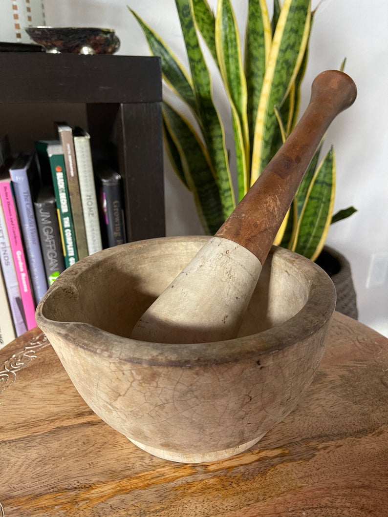 Rare Antique Vintage Apothecary Chemist's Extra-Large Stoneware Mortar & Pestle, Old World Vintage