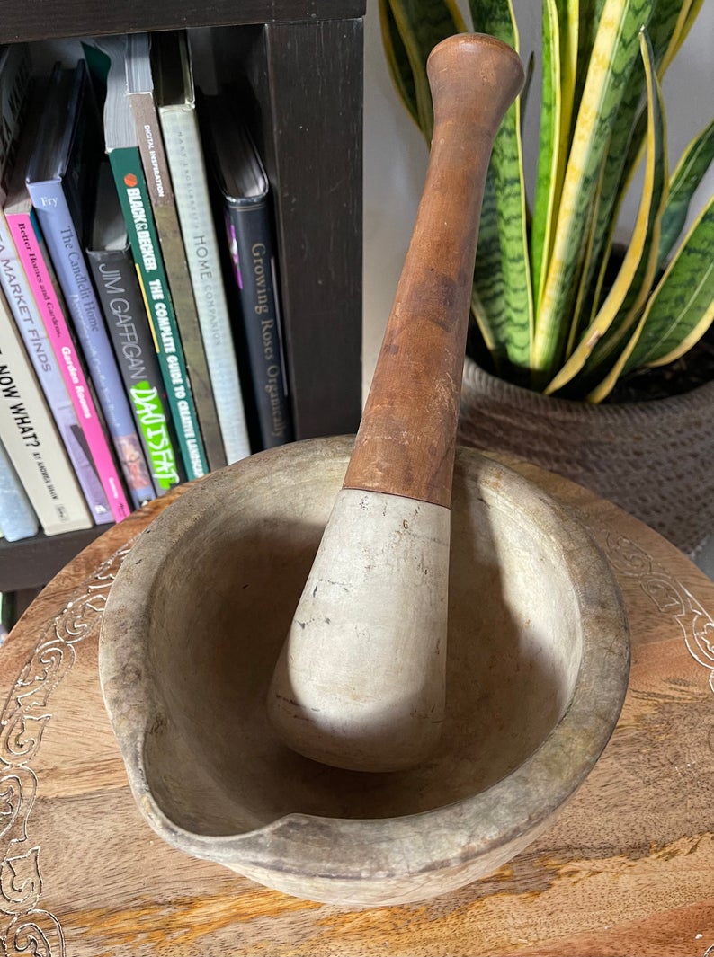 Rare Antique Vintage Apothecary Chemist's Extra-Large Stoneware Mortar & Pestle, Old World Vintage