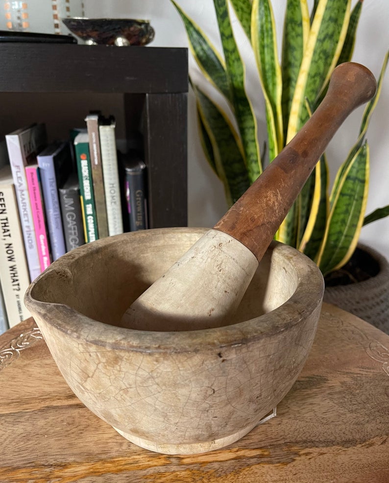 Rare Antique Vintage Apothecary Chemist's Extra-Large Stoneware Mortar & Pestle, Old World Vintage