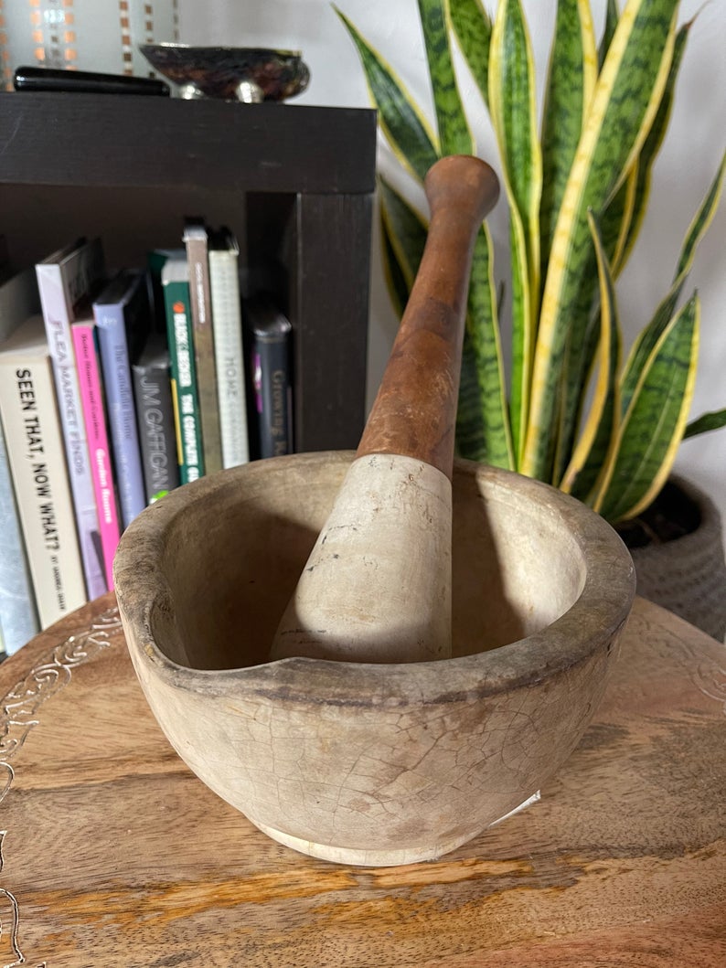 Rare Antique Vintage Apothecary Chemist's Extra-Large Stoneware Mortar & Pestle, Old World Vintage