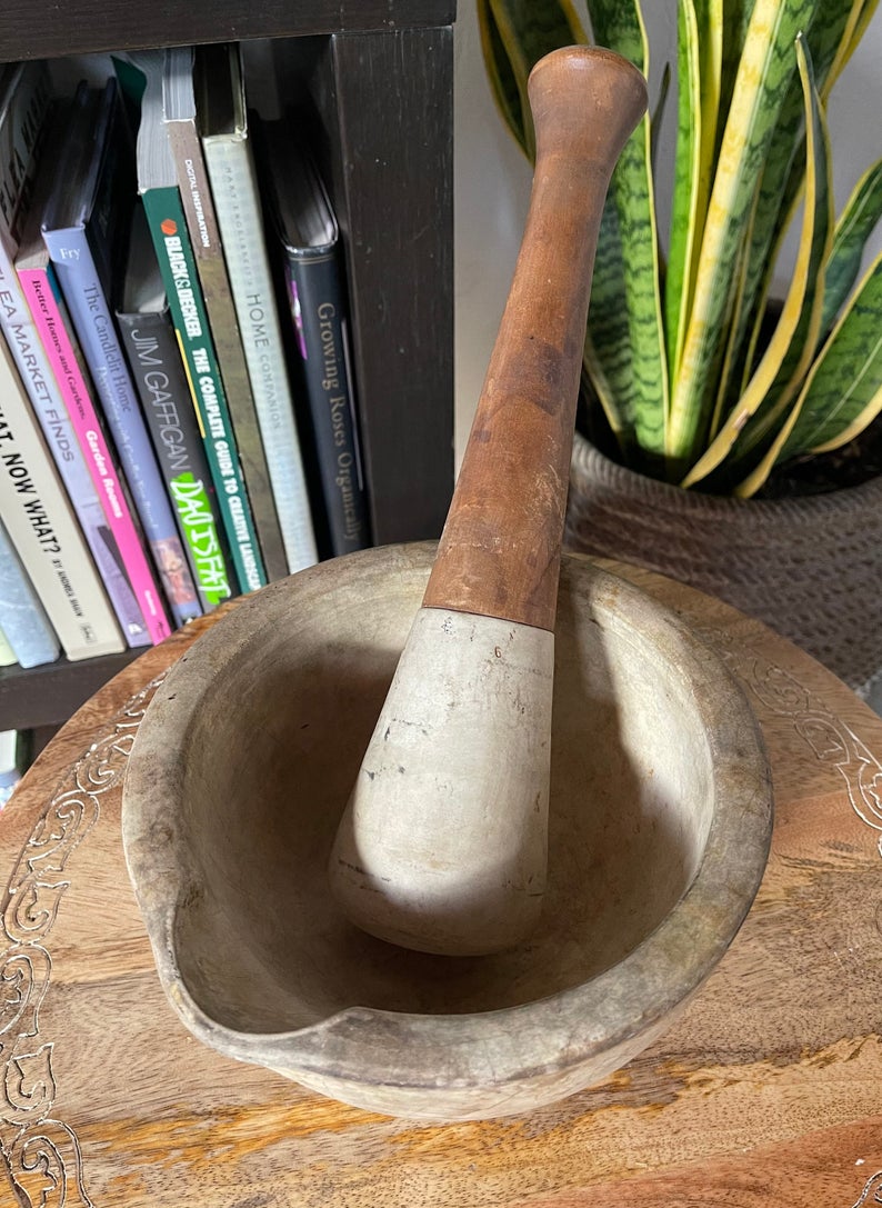 Rare Antique Vintage Apothecary Chemist's Extra-Large Stoneware Mortar & Pestle, Old World Vintage