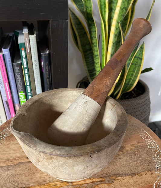 Rare Antique Vintage Apothecary Chemist's Extra-Large Stoneware Mortar & Pestle, Old World Vintage