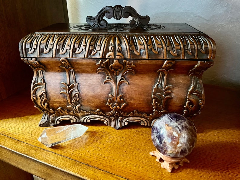 Vintage West Indies Style Wooden Carved Box with Compartments, Old World Vintage