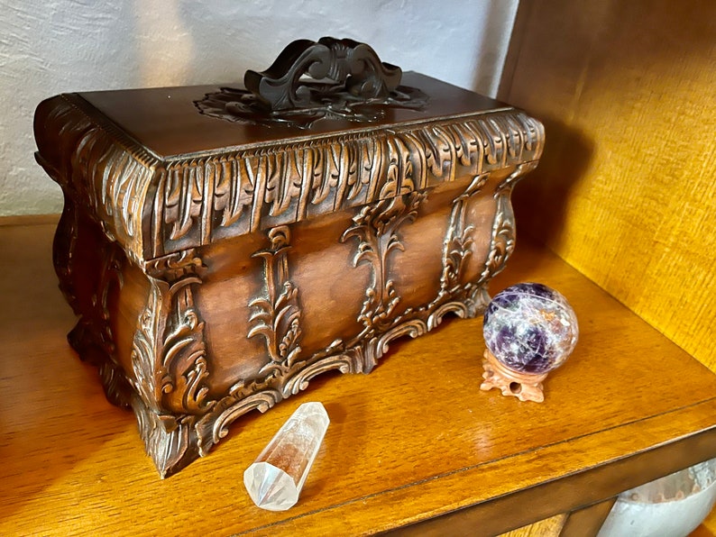 Vintage West Indies Style Wooden Carved Box with Compartments, Old World Vintage