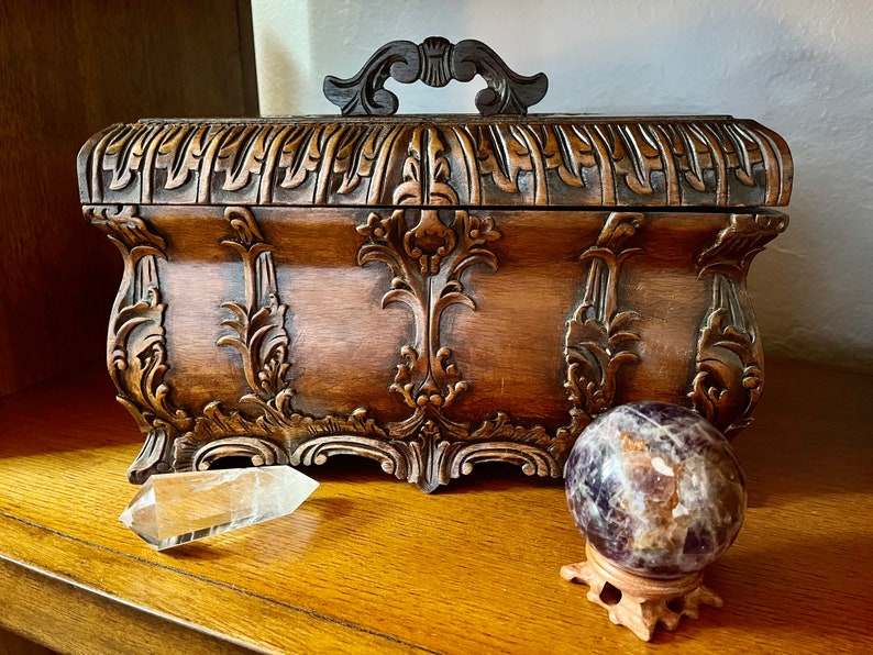 Vintage West Indies Style Wooden Carved Box with Compartments, Old World Vintage