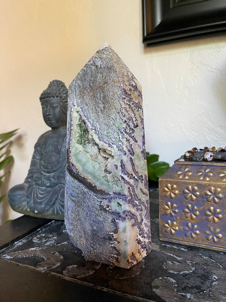 Purple Sphalerite Tower, Green Sphalerite Quartz Obelisk, Crystal Magic