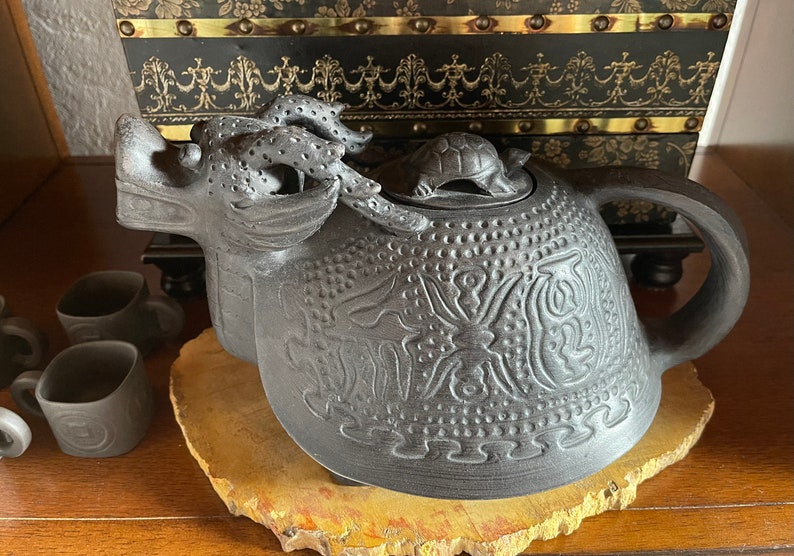 Unique Vintage Dragon Teapot with Turtle Lid, Teapot with Four Small Cups, Vintage Pottery, Charcoal Looking Dragon Teapot, Old World Japan