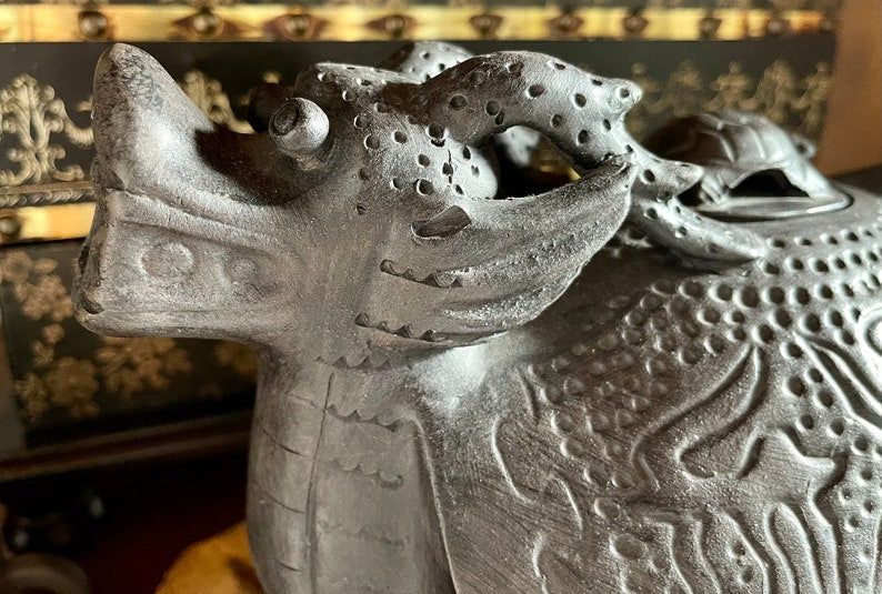 Unique Vintage Dragon Teapot with Turtle Lid, Teapot with Four Small Cups, Vintage Pottery, Charcoal Looking Dragon Teapot, Old World Japan