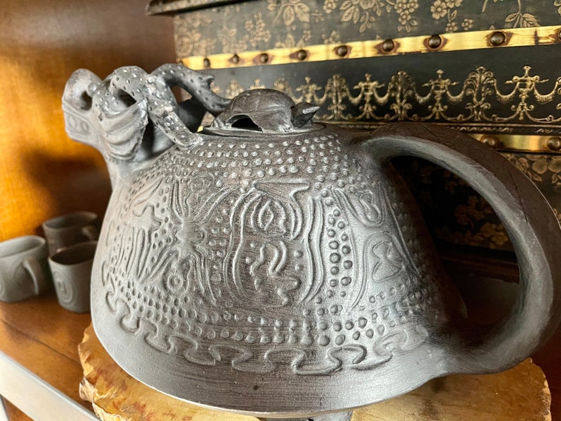 Unique Vintage Dragon Teapot with Turtle Lid, Teapot with Four Small Cups, Vintage Pottery, Charcoal Looking Dragon Teapot, Old World Japan