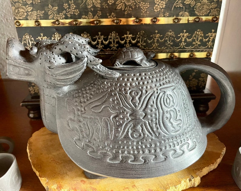 Unique Vintage Dragon Teapot with Turtle Lid, Teapot with Four Small Cups, Vintage Pottery, Charcoal Looking Dragon Teapot, Old World Japan