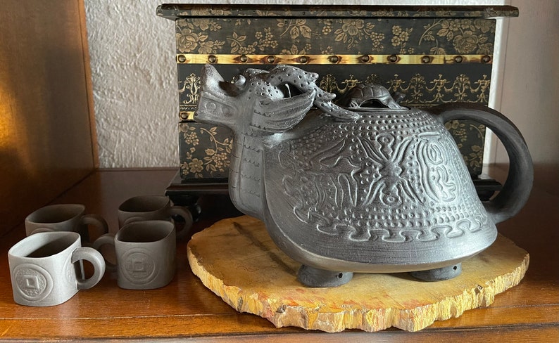 Unique Vintage Dragon Teapot with Turtle Lid, Teapot with Four Small Cups, Vintage Pottery, Charcoal Looking Dragon Teapot, Old World Japan