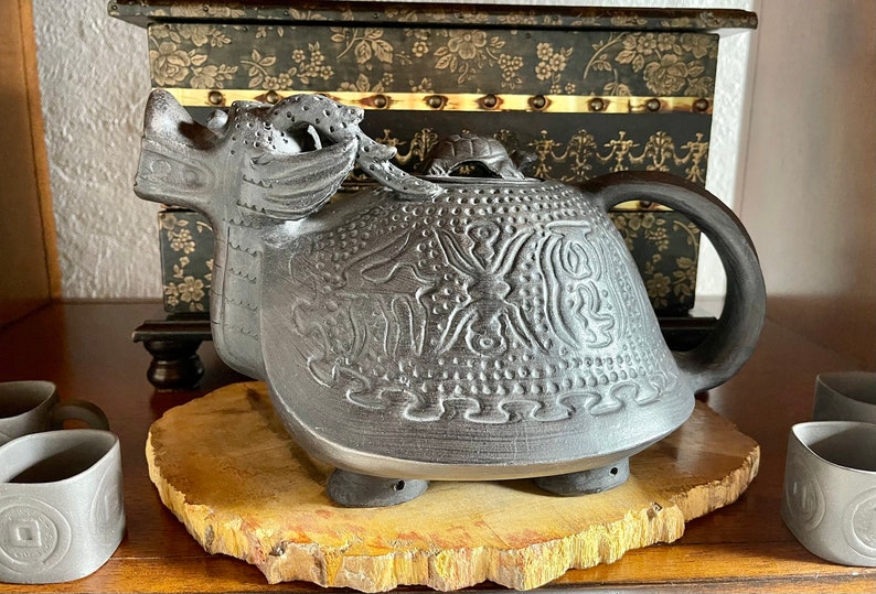 Unique Vintage Dragon Teapot with Turtle Lid, Teapot with Four Small Cups, Vintage Pottery, Charcoal Looking Dragon Teapot, Old World Japan