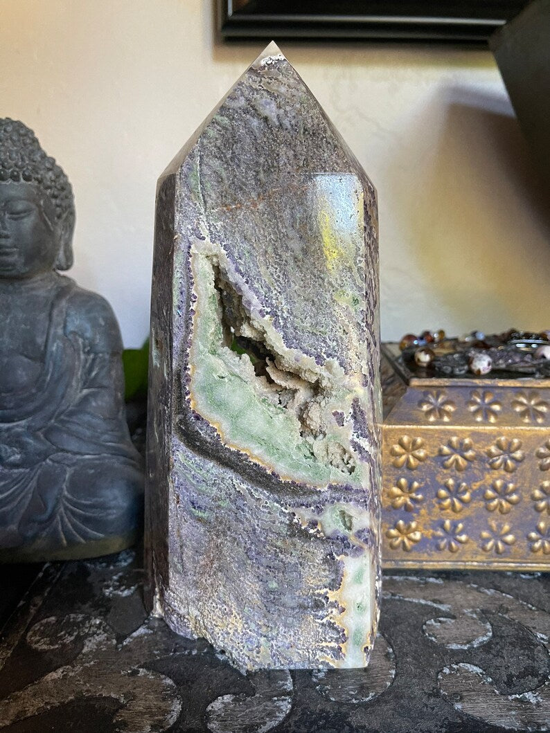 Purple Sphalerite Tower, Green Sphalerite Quartz Obelisk, Crystal Magic