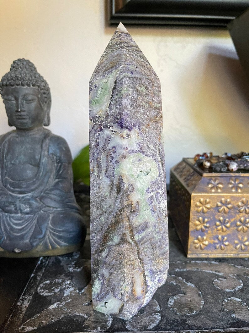 Purple Sphalerite Tower, Green Sphalerite Quartz Obelisk, Crystal Magic