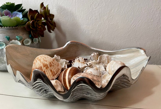 Beautiful Vintage Metal Seashell Bowl Filled with Local Seashells, Gift