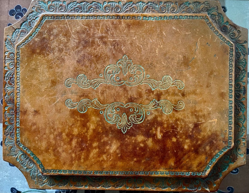 Stunning Antique 1800s Italian All-Leather Box with Gilded Elements, Old World Vintage