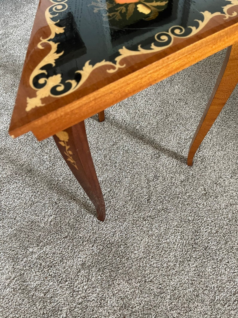 Gorgeous Vintage Paris Side Table, Vintage Italian Triangular Inlaid Marquetry Accent Table, Old World Vintage