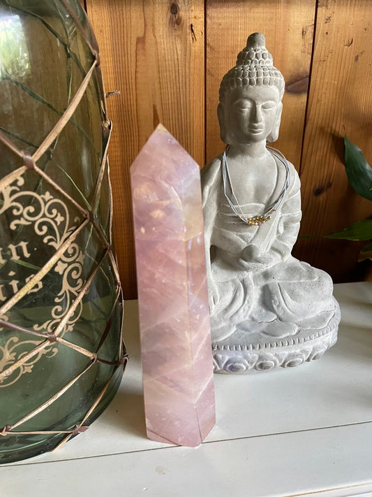 Exceptionally Beautiful Large Aura Rose Quartz Tower, Crystal Magic