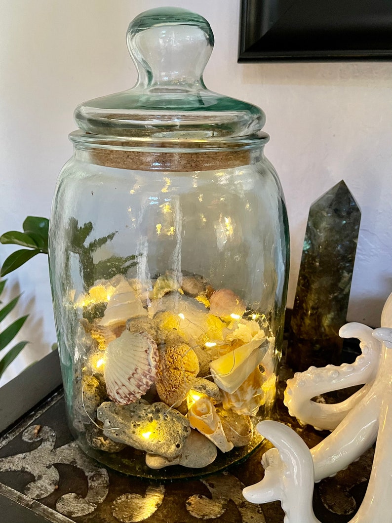 Awesome Large Glass Jar with Almost Hag Stones and Shells, Lighted Jar, Home Decor