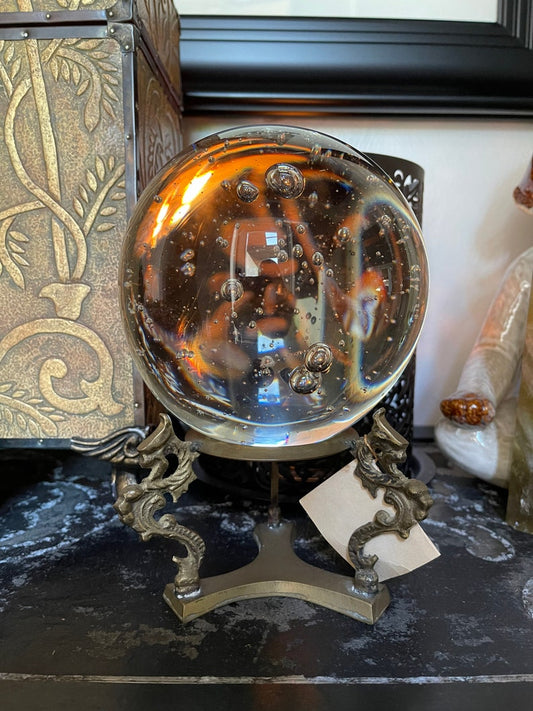 Spectacular Vintage Hand Blown Glass Ball with Ornate Base, Old World Vintage