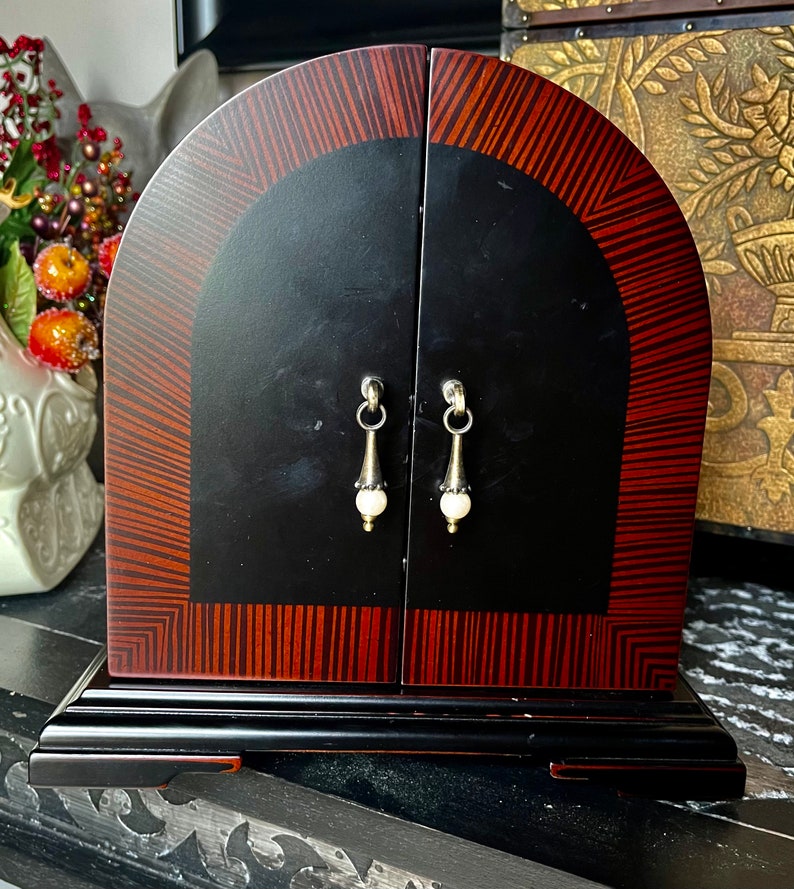 Striking Paris Chic Wood Jewelry Chest With Pearl Drop Hardware, Old World Vintage