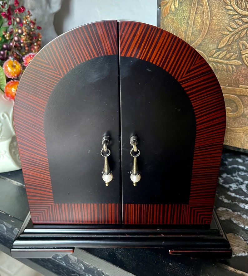 Striking Paris Chic Wood Jewelry Chest With Pearl Drop Hardware, Old World Vintage