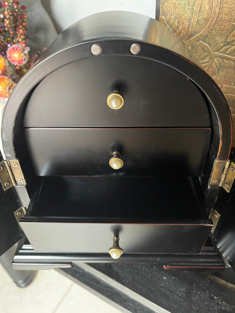Striking Paris Chic Wood Jewelry Chest With Pearl Drop Hardware, Old World Vintage