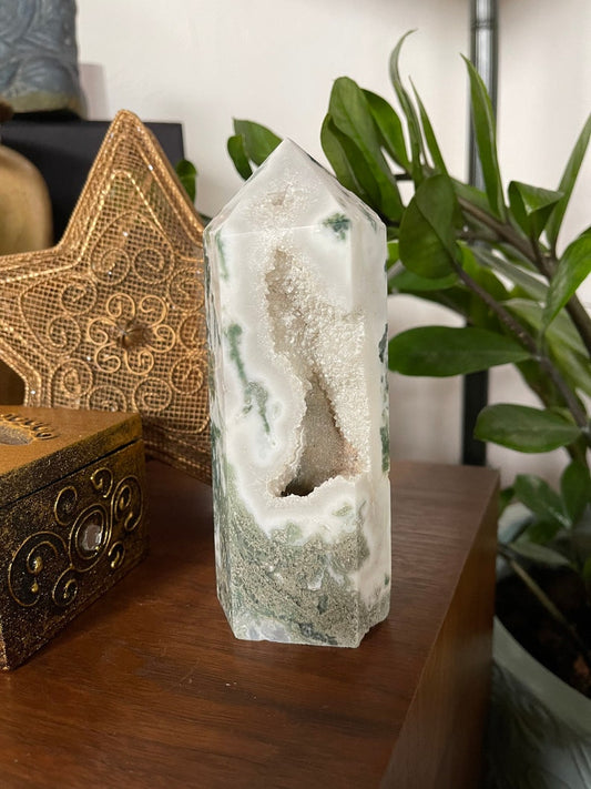 Druzy Moss Agate Tower, Crystal Magic