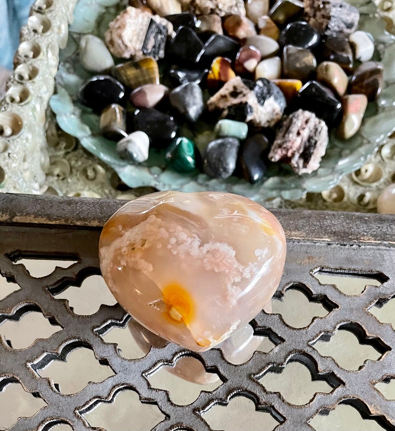 Large Puffy Agate Heart, Cherry Blossom Agate, Crystal Magic