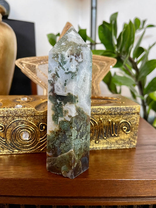 Beautiful Patterns Moss Agate Tower, Crystal Magic