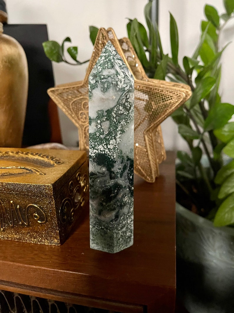 Moss Agate Tower, Natural Moss Agate, Crystal Magic