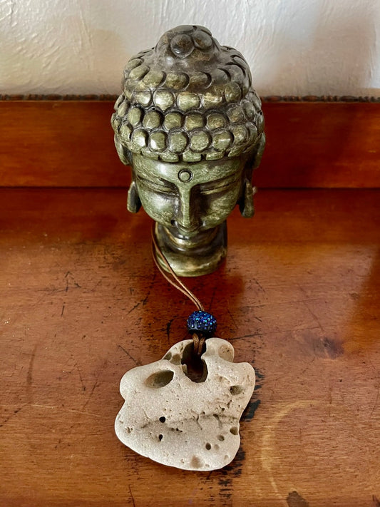 large hag stone, beach stone, beaded stone, stone necklace, hag stone necklace, adder stone necklace