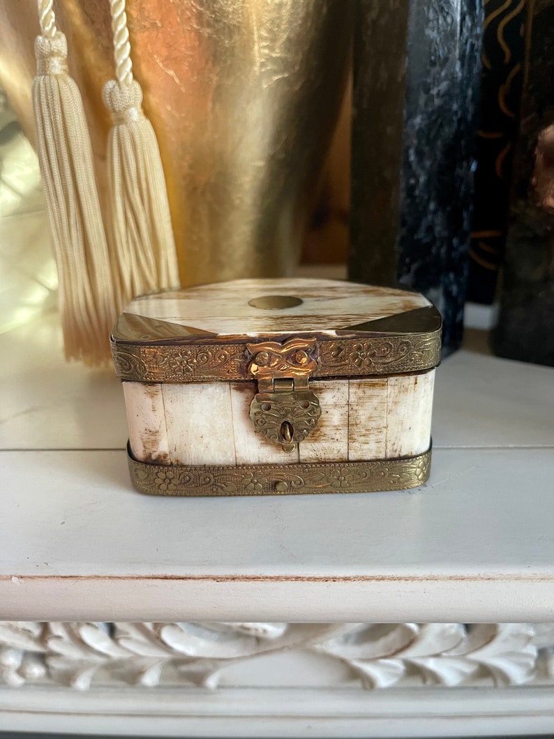 Mystical Box, Antique Bone and Metal Trinket Box, Old World Vintage
