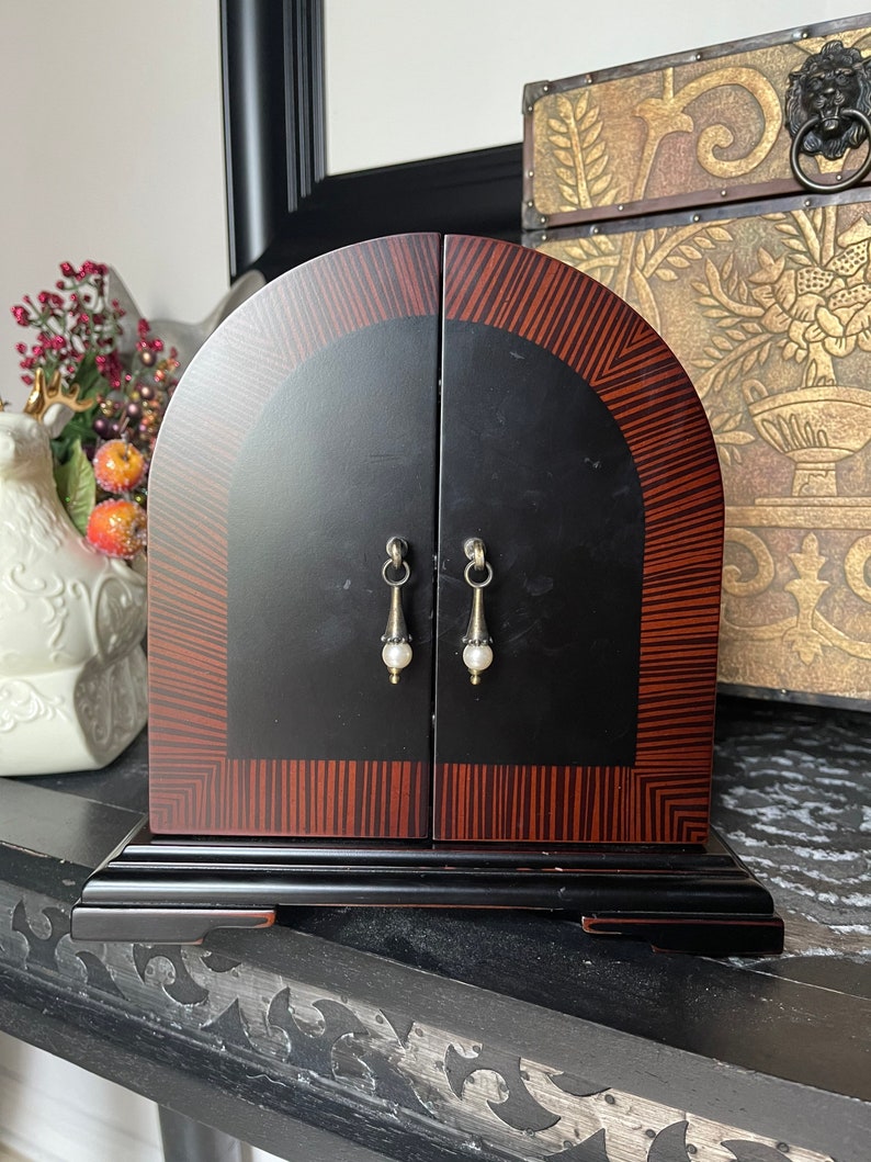 Striking Paris Chic Wood Jewelry Chest With Pearl Drop Hardware, Old World Vintage