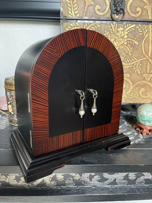 Striking Paris Chic Wood Jewelry Chest With Pearl Drop Hardware, Old World Vintage