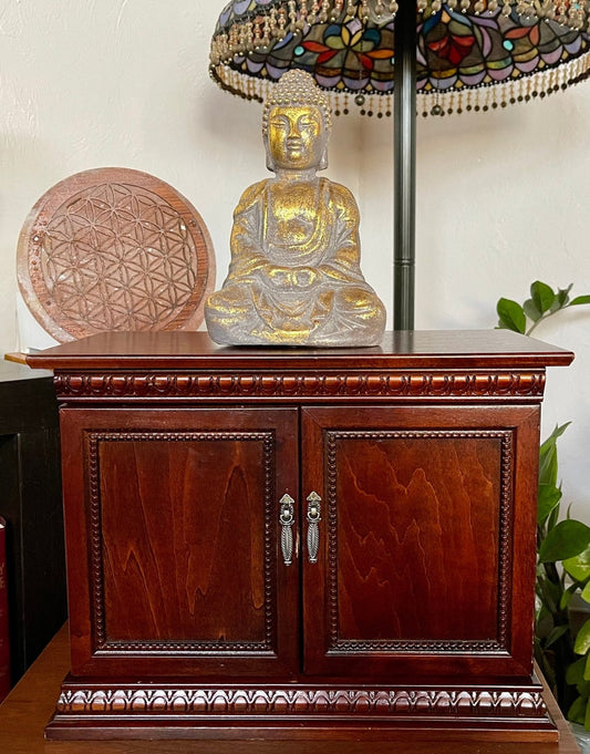 Gorgeous Detail Heavy Wood Jewelry Cabinet with Gold Buddha, Old World Vintage