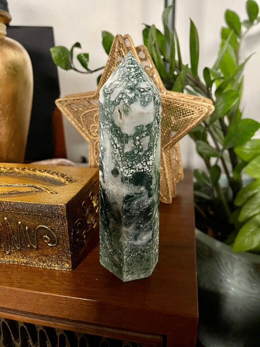 Moss Agate Tower, Natural Moss Agate, Crystal Magic