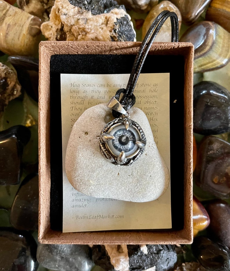 One of a Kind Local Hag Stone Amulet with Vintage Dragon's Eye, Bodhi Jewelry