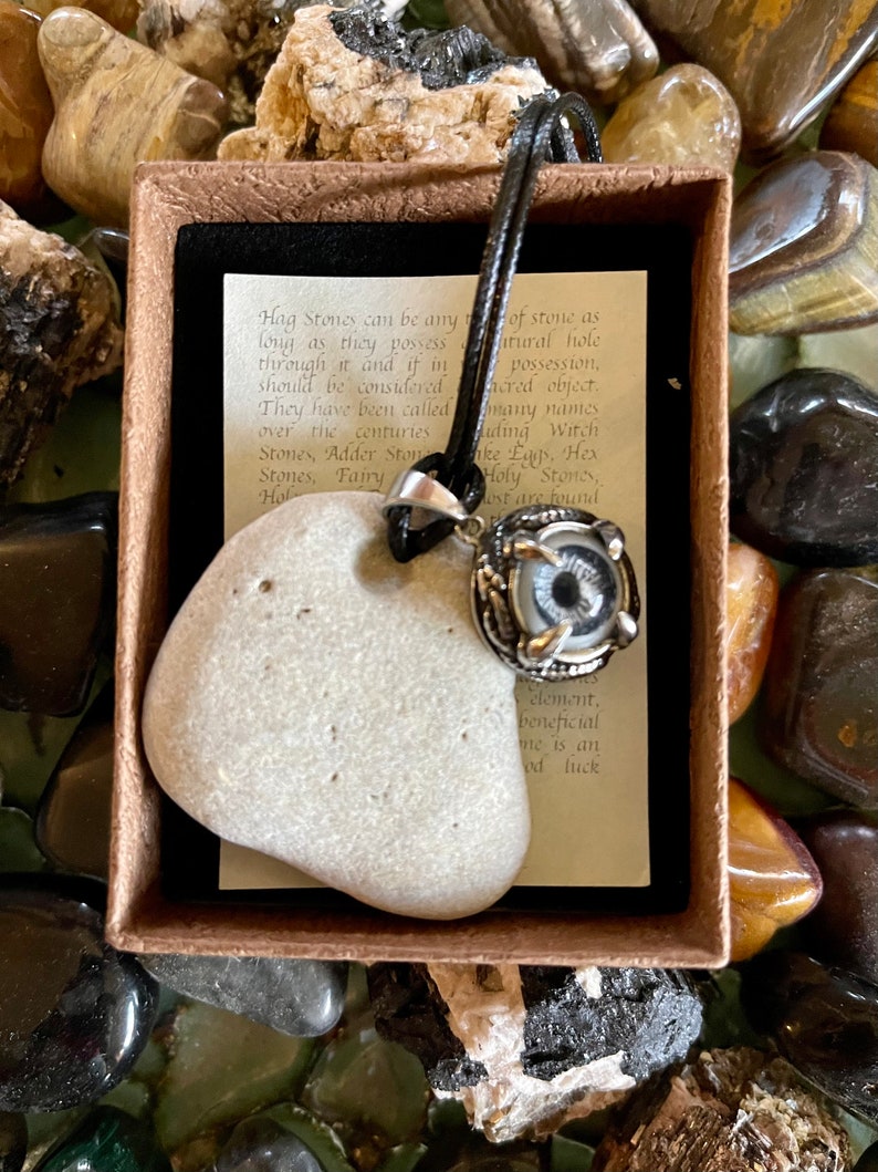 One of a Kind Local Hag Stone Amulet with Vintage Dragon's Eye, Bodhi Jewelry