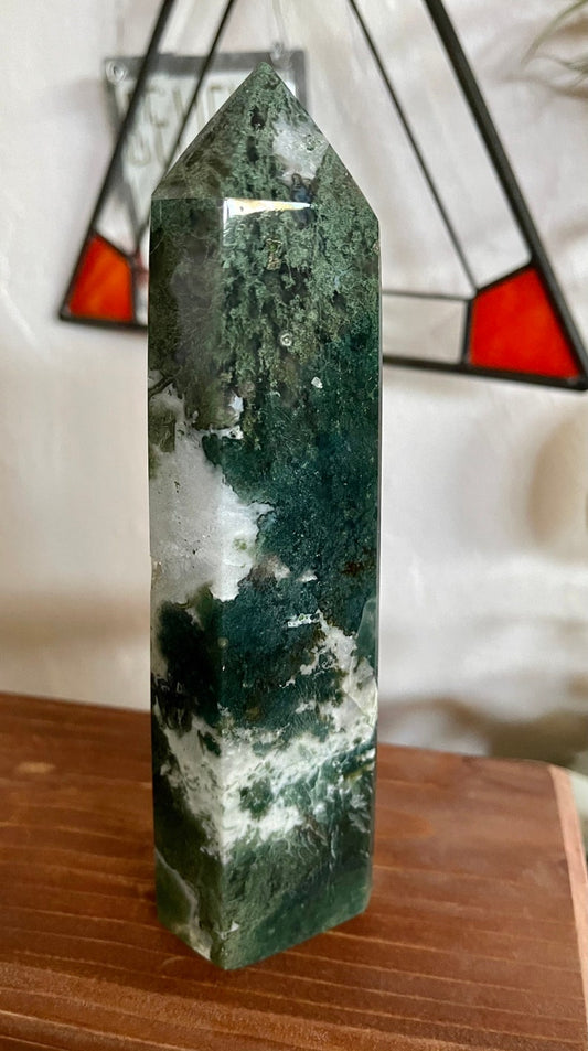 Moss Agate Tower, Natural Moss Agate, Crystal Magic