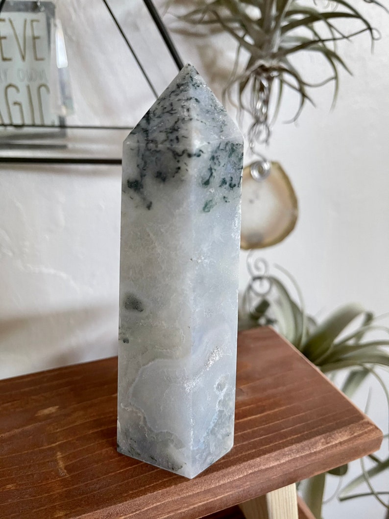 Beautiful White and Green Moss Agate Tower, Crystal Magic