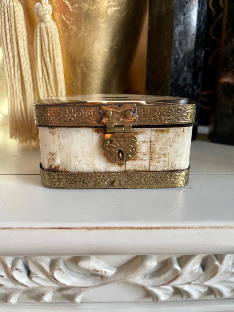 Mystical Box, Antique Bone and Metal Trinket Box, Old World Vintage