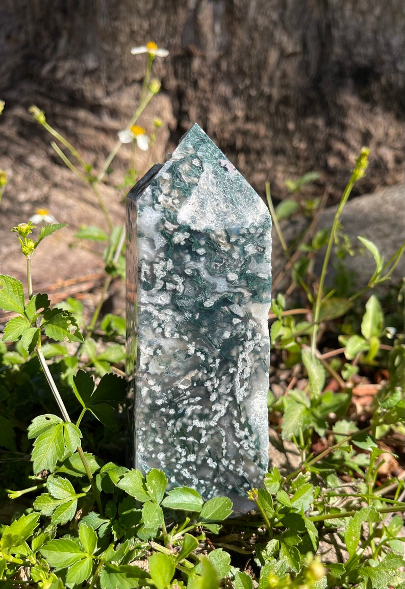 Gorgeous Patterns and Druzy Moss Agate Tower, Crystal Magic