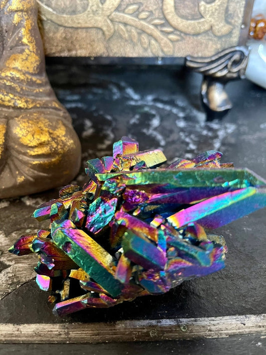 Large Unique Rainbow Aqua Aura Quartz Crystal Cluster, Crystal Magic