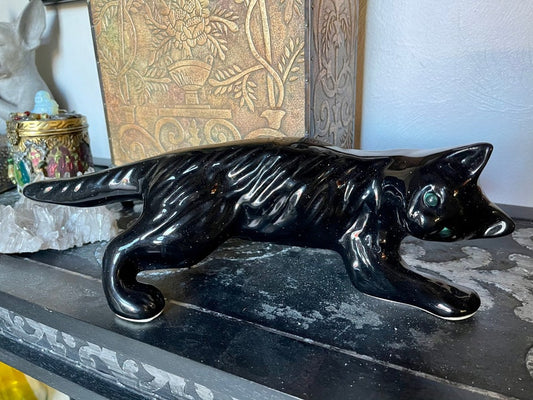 Large Ceramic Playful Black Cat, Old World Vintage
