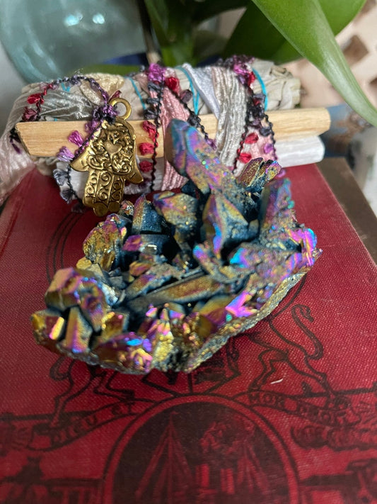 Unique Rainbow Aqua Aura Quartz Crystal Cluster, Crystal Magic