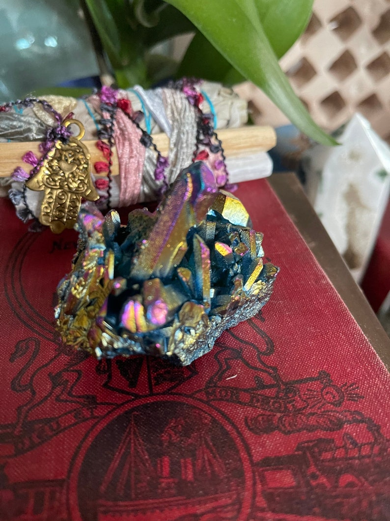 Unique Rainbow Aqua Aura Quartz Crystal Cluster, Crystal Magic